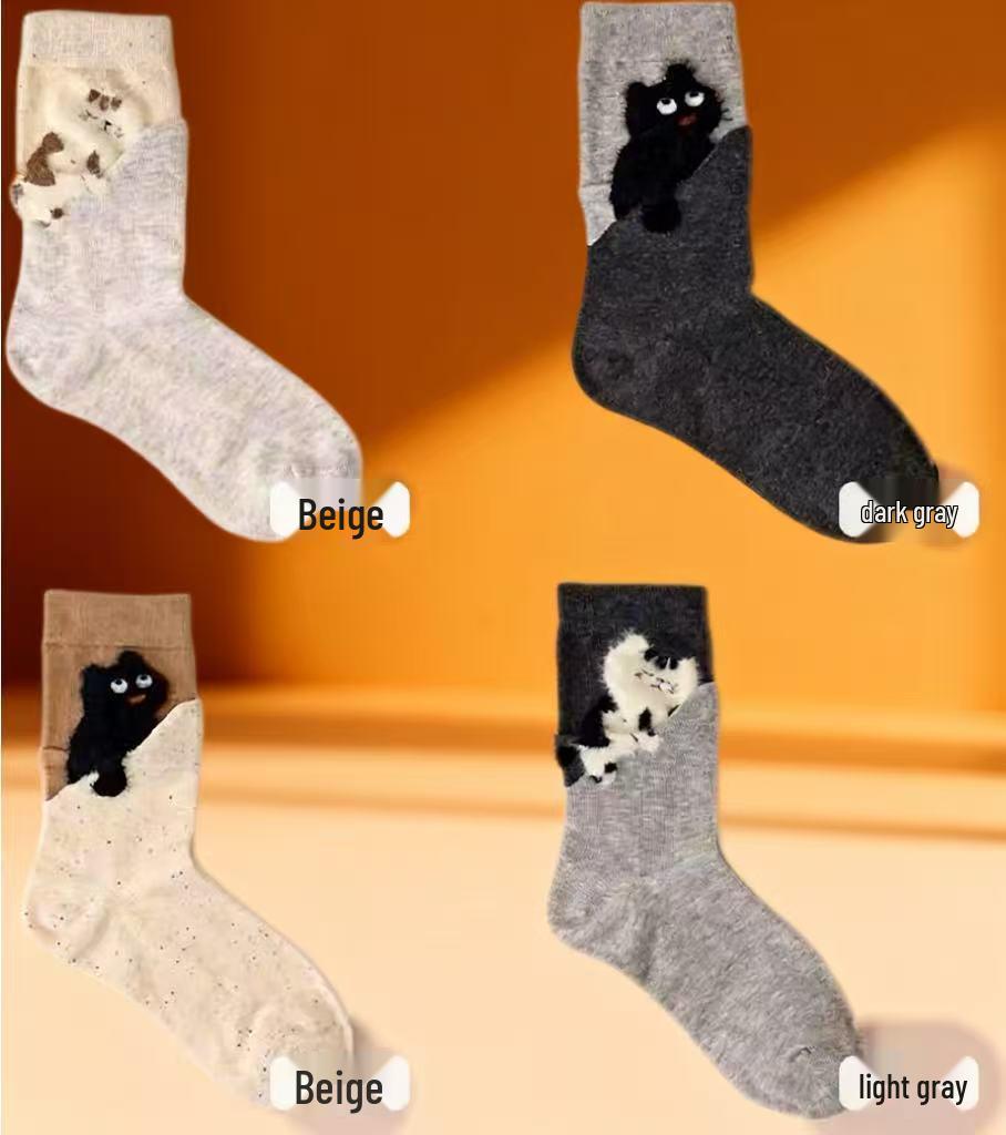 Cartoon Cat Women s Mid-Calf Socks - Autumn/Winter 2025 New Loose Style бежевый