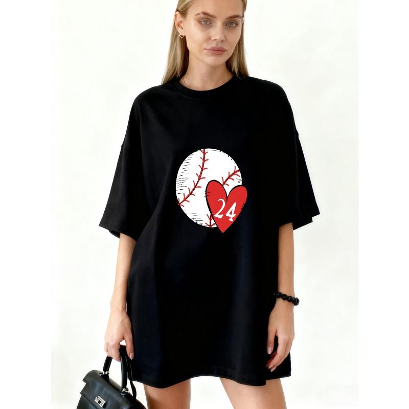 Oversized T Shirt Black Baseball Heart 24 Print Casual Wear For Women Summer Fashion Street Style Outfit