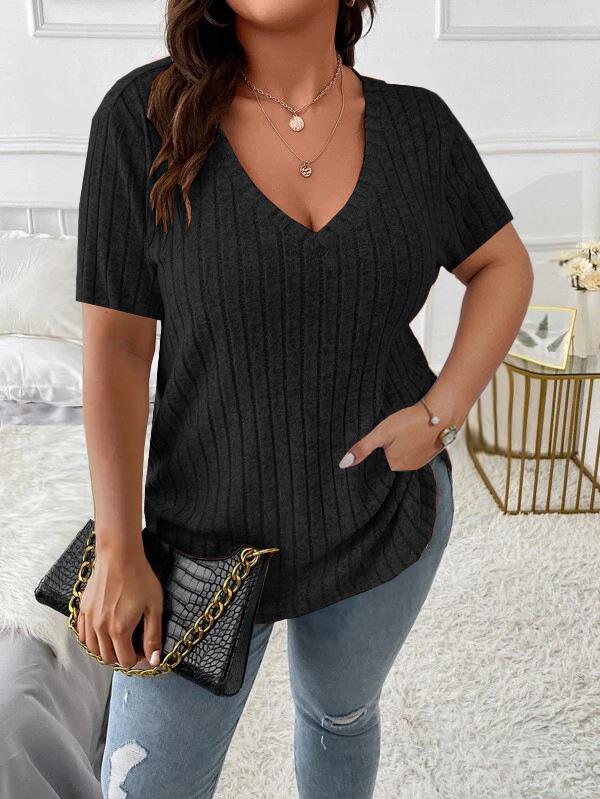 Spring/Summer 2026 Plus Size Women s Elegant Ribbed V-neck Short Sleeve Top 3XL чёрный