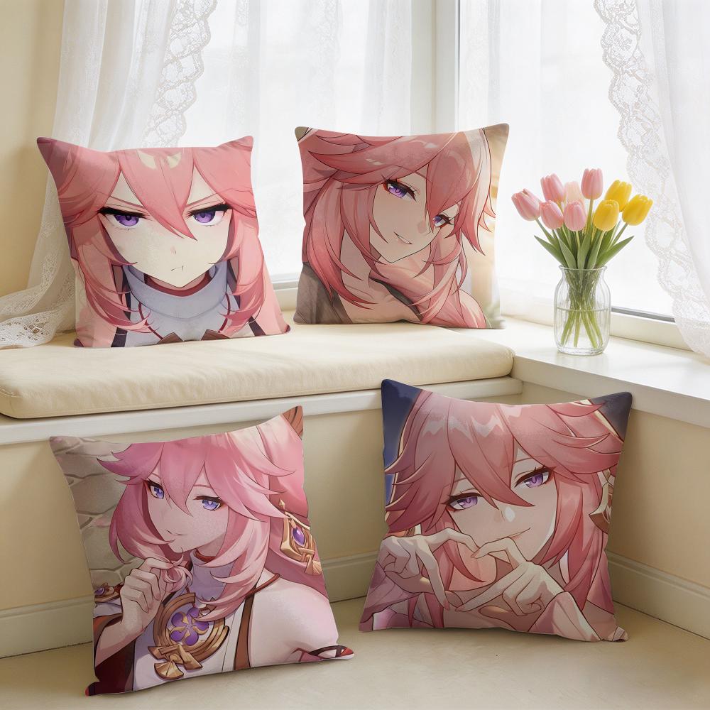 Yae Miko Genshin Impact Cushion Cover Square Short Plush Pillow Case Living Room Sofa Home Decor Funda X