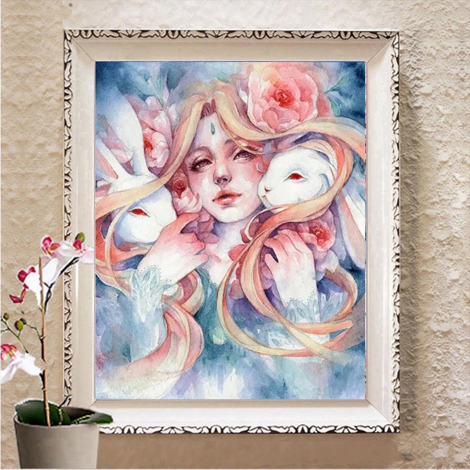 Vollständiges quadratisches/rundes Diamantgemälde „Tierblume und Mädchen“, DIY-Diamantstickerei, weißes Kaninchen, Bilder von Strasssteinen, Mosaik-Dekoration für Zuhause