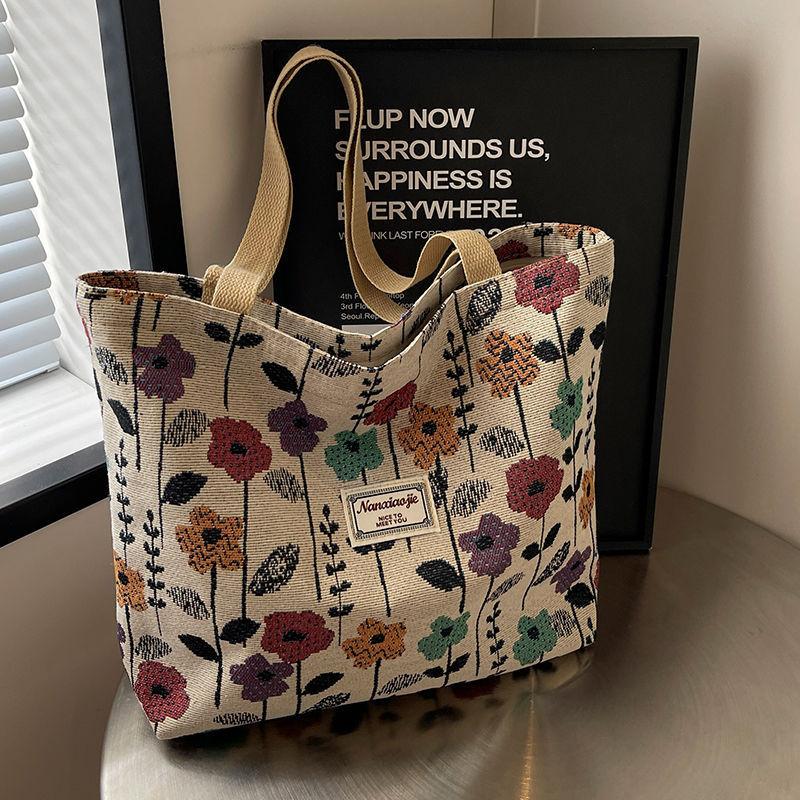 Flower Printed Large Capacity Reusable Shoulder Bag Versatile Student Commuting Handbags