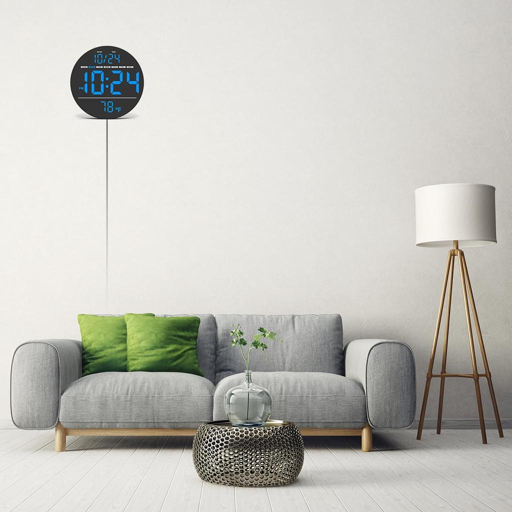 Digital Wall Clock with Large LED Display, Auto-Brightness, Temperature, Low-Reflectivity, Small Silent Non-Ticking Wall Clock
