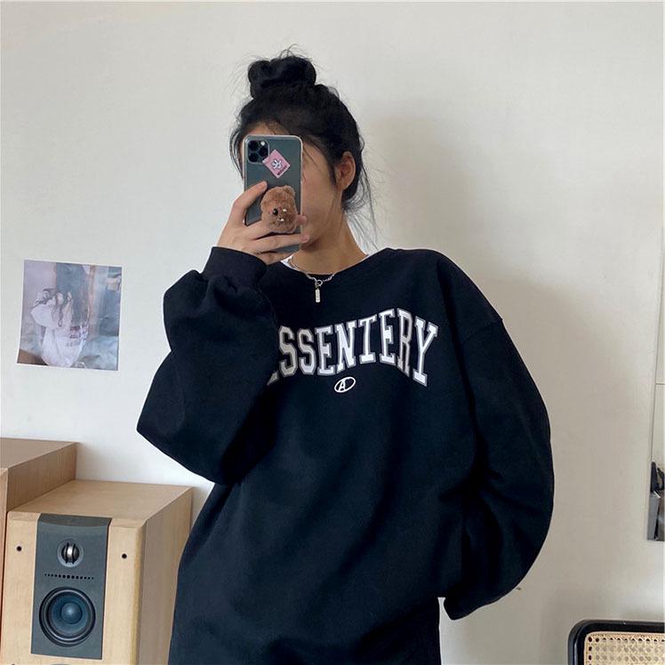 Women's Korean Letter Print Sweatshirts - Casual, Loose Fit, Round Neck for Autumn and Winter