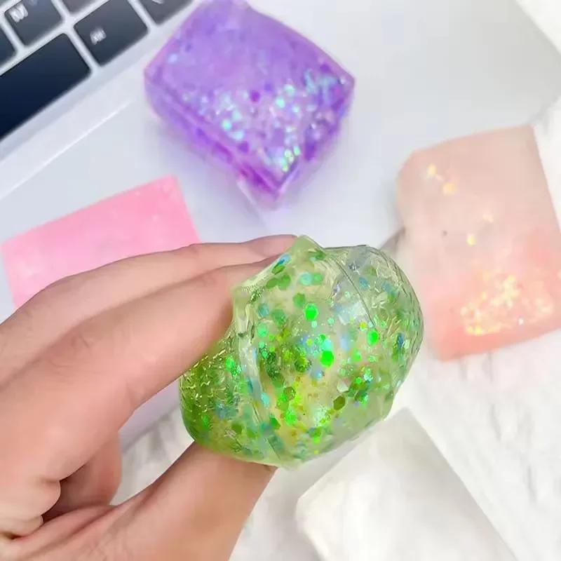 Glitter Ice Cube Squishy Toy, Malt Sugar Gel Slow Rise Stress Relief Cube for Anxiety