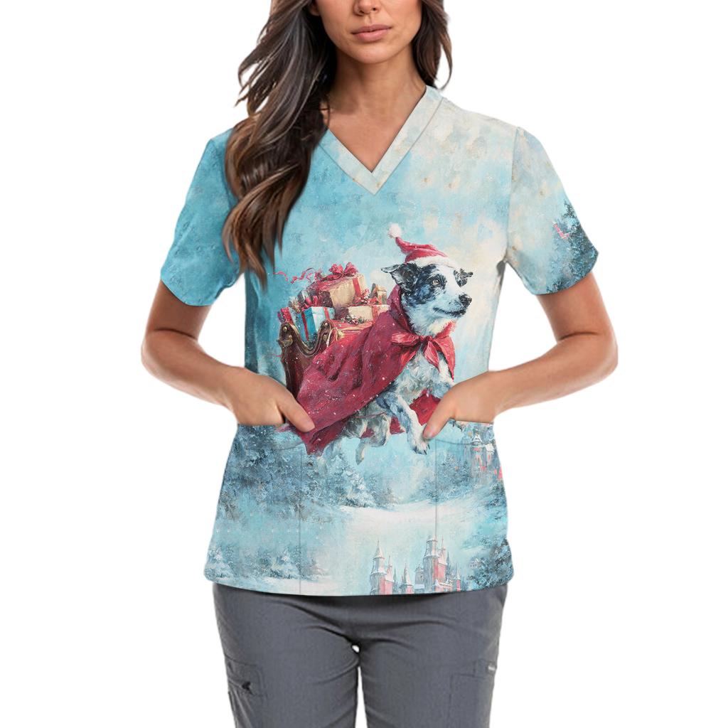 Women's Cute Bow Printed Work Clothes V-neck Double Layer Pockets Basic Short Sleeve Top Pullover