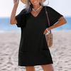 Womens V Neck Knit Swim Cover Up Dress Casual Loose Fit Short Sleeve Pockets Beachwear Lightweight