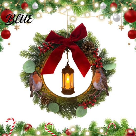 Plump Simulated Pine Branch Wreath Lighted Bird Christmas with Lantern Rustic Artificial Velvet Bow Indoor Outdoor Winter Festive Ornaments