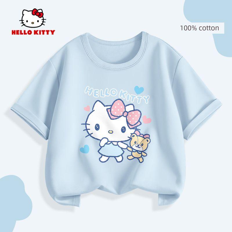Kitty Girls' Pure Cotton Short-Sleeved Kidsren's T-Shirt Pink Little Girl Spring Wear Inner Wear Half-Sleeved Shirt for Small and Medium-Sized Kidsren