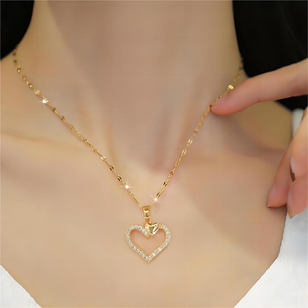 Trendy Heart Stainless Steel Zirconia Necklaces For Women Girls Love Gold Color Metal Necklace Party Birthday Daily Jewelry