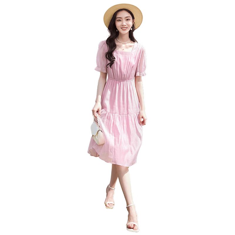Xiangying French Square Neck Lyocell Blend Puff Sleeve Dress M