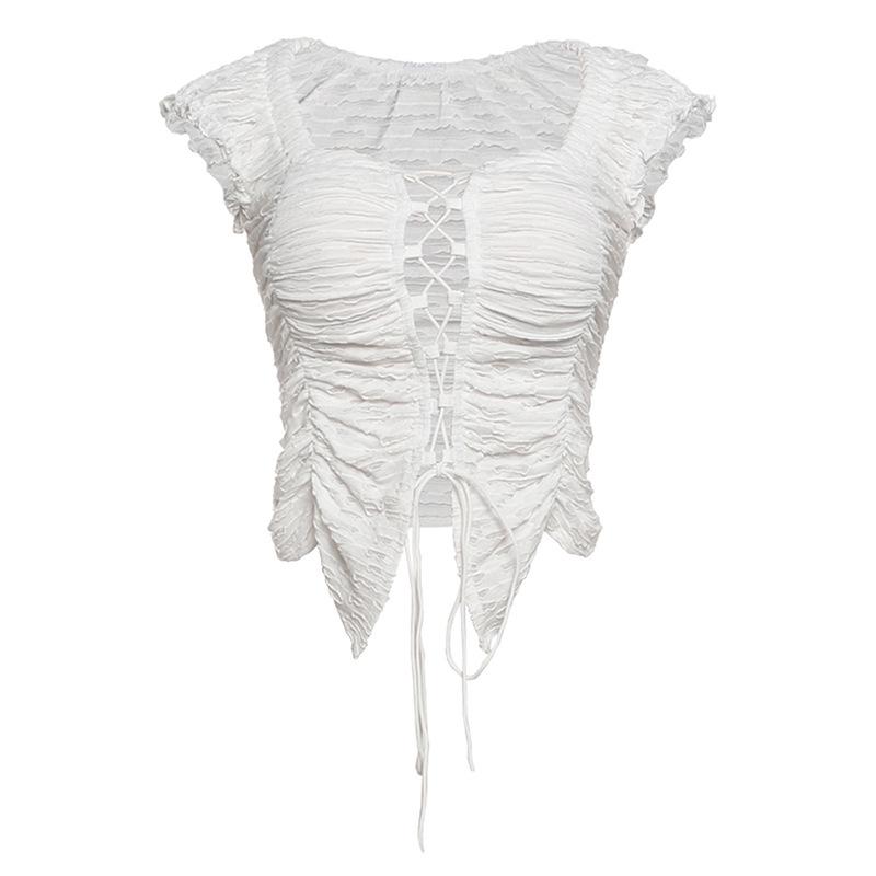 European Spring Women s Solid Color Lace-up Hollow-out Short Sleeve T-shirt with Irregular Hem Medium белый