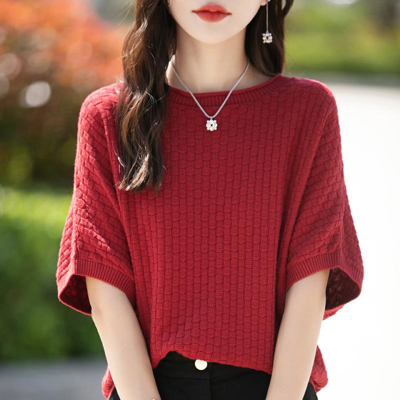 Pure Cotton Round Neck Sweater Short-sleeved Womens Summer Updated Stylishable Versatile Mid-sleeved T-shirt Stylishable Top