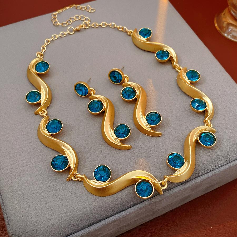 Wave Long Earrings Blue Rhinestone Adjustable Chain Necklace Bohemian Women Jewelry Set