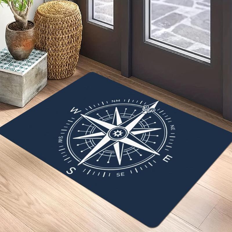 Nautical Vintage Theme Carpet Mat Rug Anchor Steering Wheel Compass Map Retro Hand-drawn Home Decoration Entryway Navy Blue