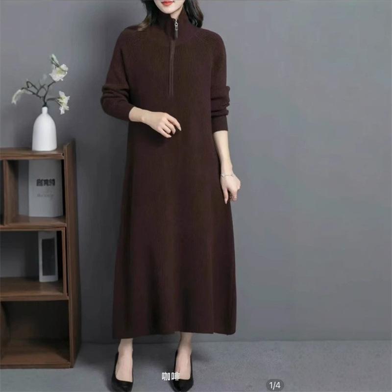 Women's Temperament Knitted Sweater Medium and Long Fashion Pullover Sweater Loose Zipper Bottom Dress