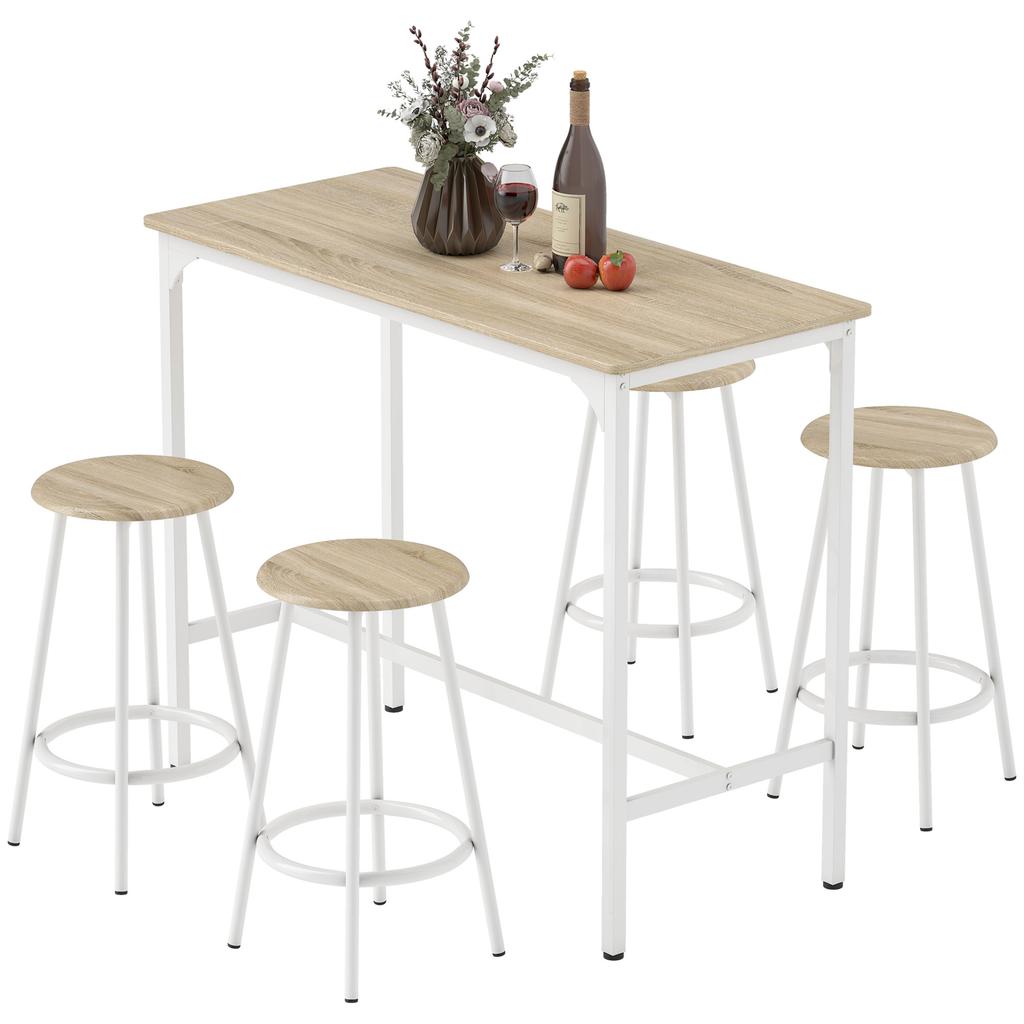 5 Piece Bar Table Set for 4 with Stools, Metal Frame, Footrest for Kitchen Natural Wood