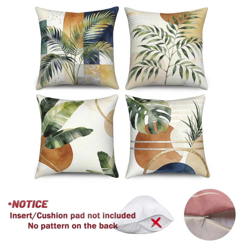 4Pcs/Set Boho Tropical Leaf Throw Pillow Covers, Mid Century Palm Monstera Cushion Cases, Polyester/Linen, Modern Home Decor