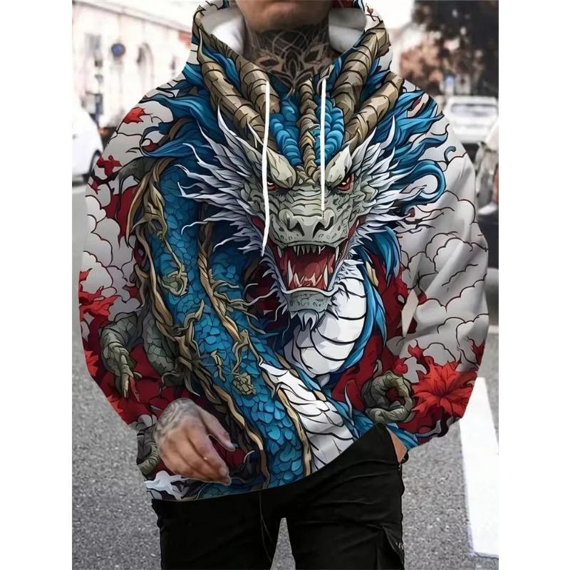 Men's Autumn and Winter 3D Dragon Printed Hooded Sweater Hoodies & Sweatshirts (men’s)