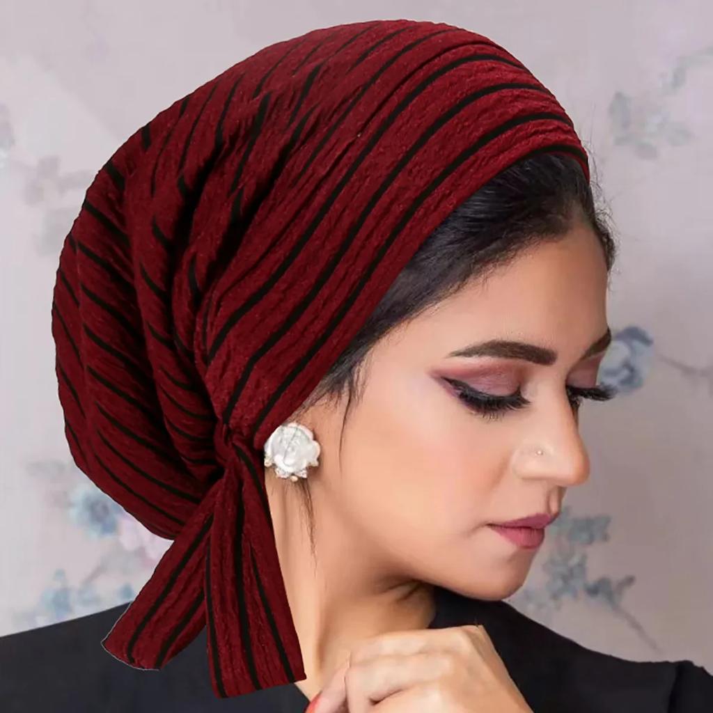 Trendy Long Tail Strap Hijab Turban Hats Muslim Solid Color Head Wraps Elastic Breathable Chemo Cap For Women Girls