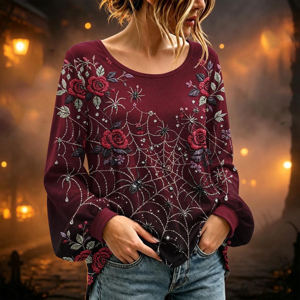 Women's Round Neck Long Sleeve Halloween Print Blouse Top for Party Wear