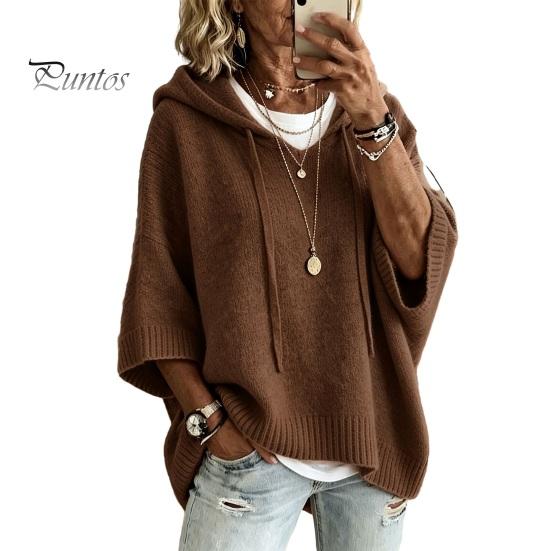 Herbst Pullover Pullover Herbst Damen Strickpullover, Lockere Passform Kordelzug Kapuze Lässig 3/4 Ärmel Überschnittene Schultern Einfarbige M braun