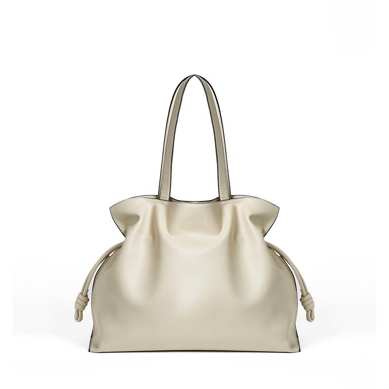 Premium large cowhide drawstring bucket bag, large capacity leather pleated cloud tote bag for women