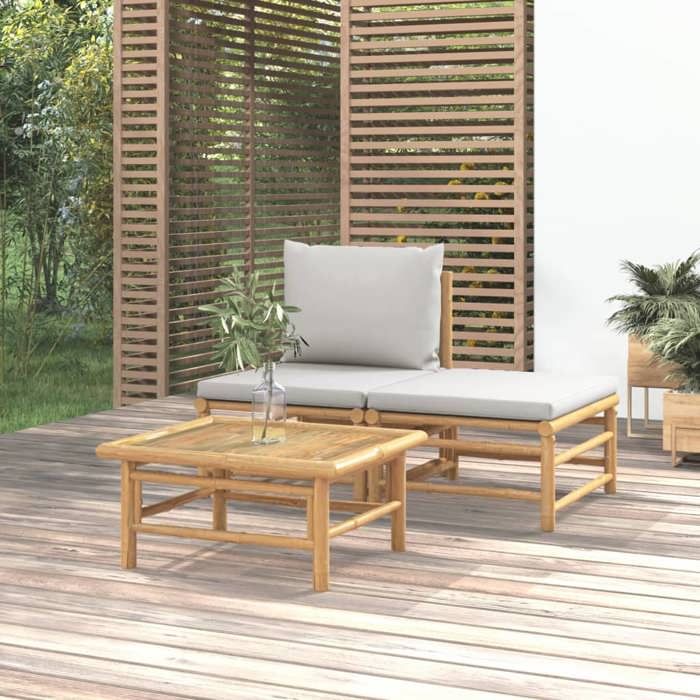 VidaXL Garden Lounge Set 3 Pcs with Light Grey Cushions Bamboo 362275