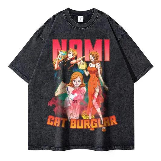 Japanese Anime One Piece Retro Washed Tshirt Men and Women Summer Harajuku YK Clothing Round Neck Short Sleeved Tshirt Unisex