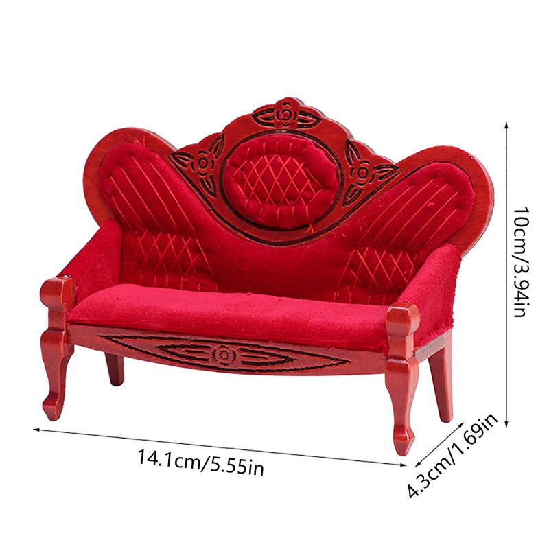 1:12 Dollhouse Miniature Sofa Red Retro Armchair Wooden Patch Sofa Model Living Room Furniture Decor Toy