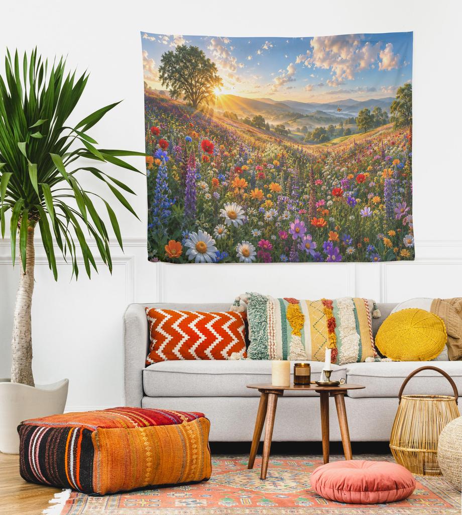Wildflower Meadow Tapestry Colorful Flower Field Wall Hanging Mountain Sunset Landscape Cottagecore Nature Wall Decor