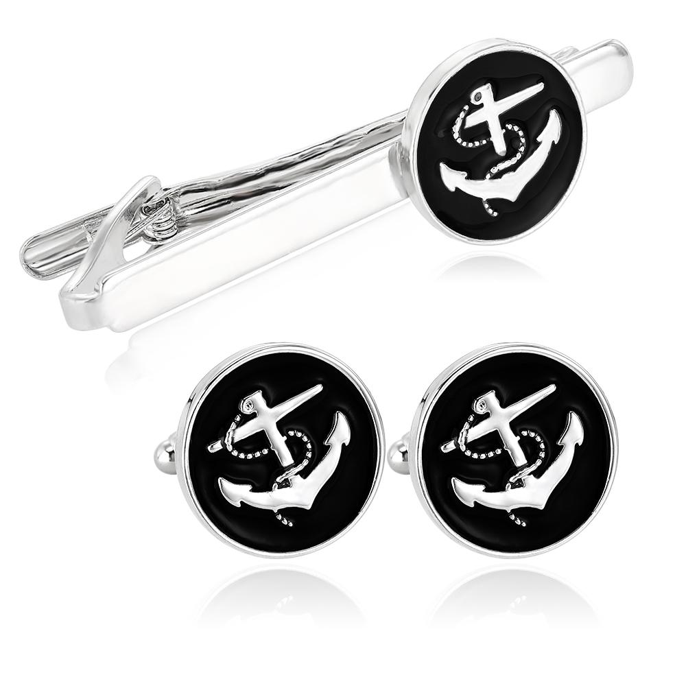 

Classic Mens Groom Black Anchor Pattern Design Round Cufflinks&Tie Clip Set Freeshipping Wholesale