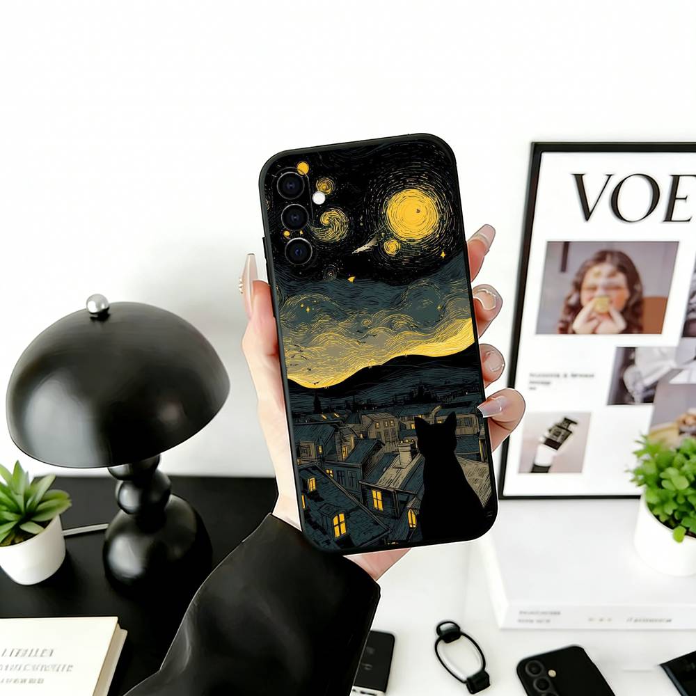 Cute Black Cat Illustration Phone Case For Samsung Galaxy A73,A72,A71,A70,A53,A52,A51,Soft Silicone Black Cover