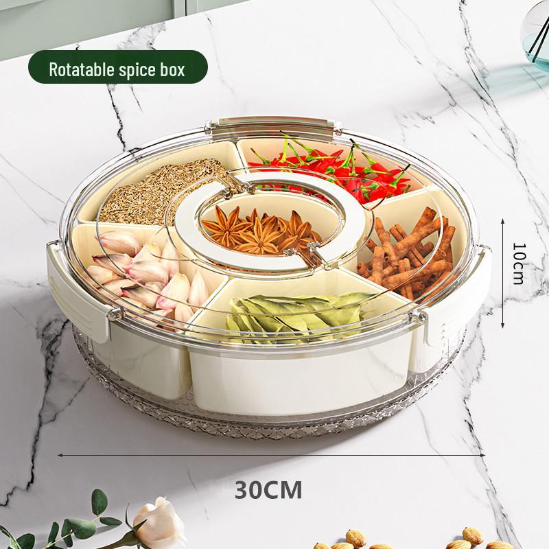 Six-Compartment Rotating Fruit Plate with Handle, Moisture-Proof Lid, Dried Fruit & Spice Box, Round Snack Container