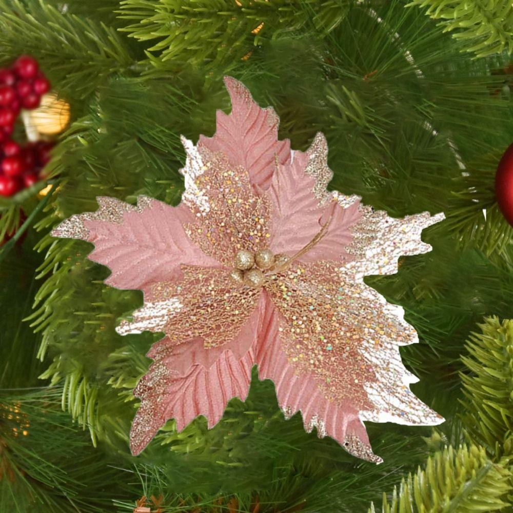 Handmade Artificial Christmas Flowers Shiny Xmas Tree Ornaments  Party Supplies