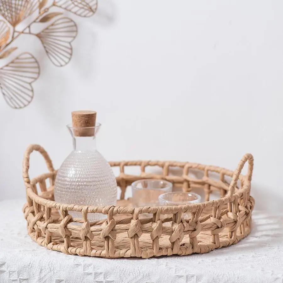 Fruit Basket Hand-woven Retro Decoration Tray Wicker Round Tray Ornaments Restaurant Bakery Storage Desktop Storage Organizer