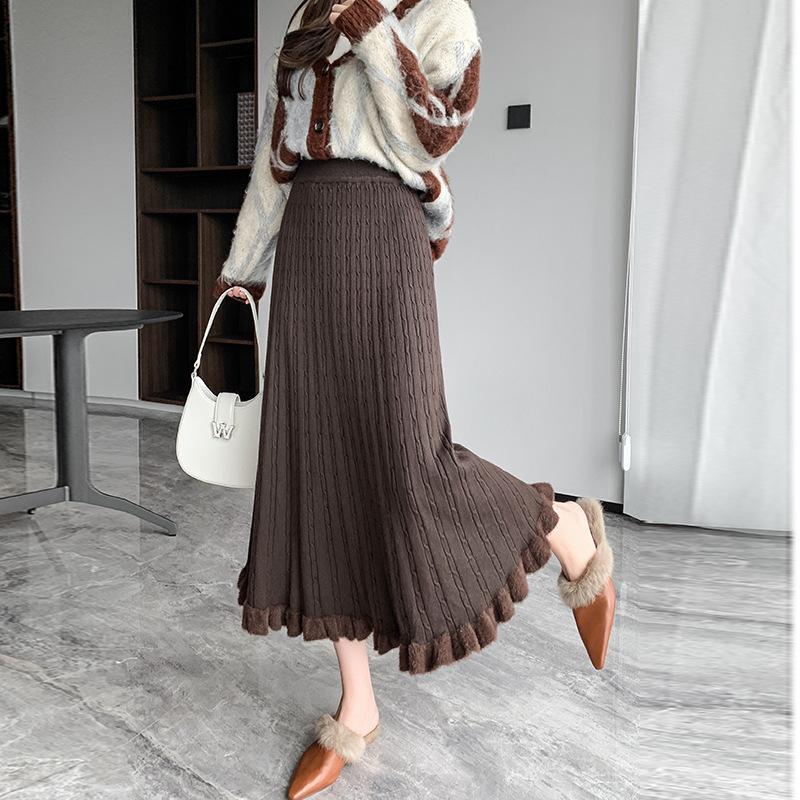 

Трикотажная длинная юбка женская зимняя теплая юбка миди женская элегантная повседневная плиссированная юбка женская корейская мода высокая талия юбка трапециевидной формы One Size кофейный