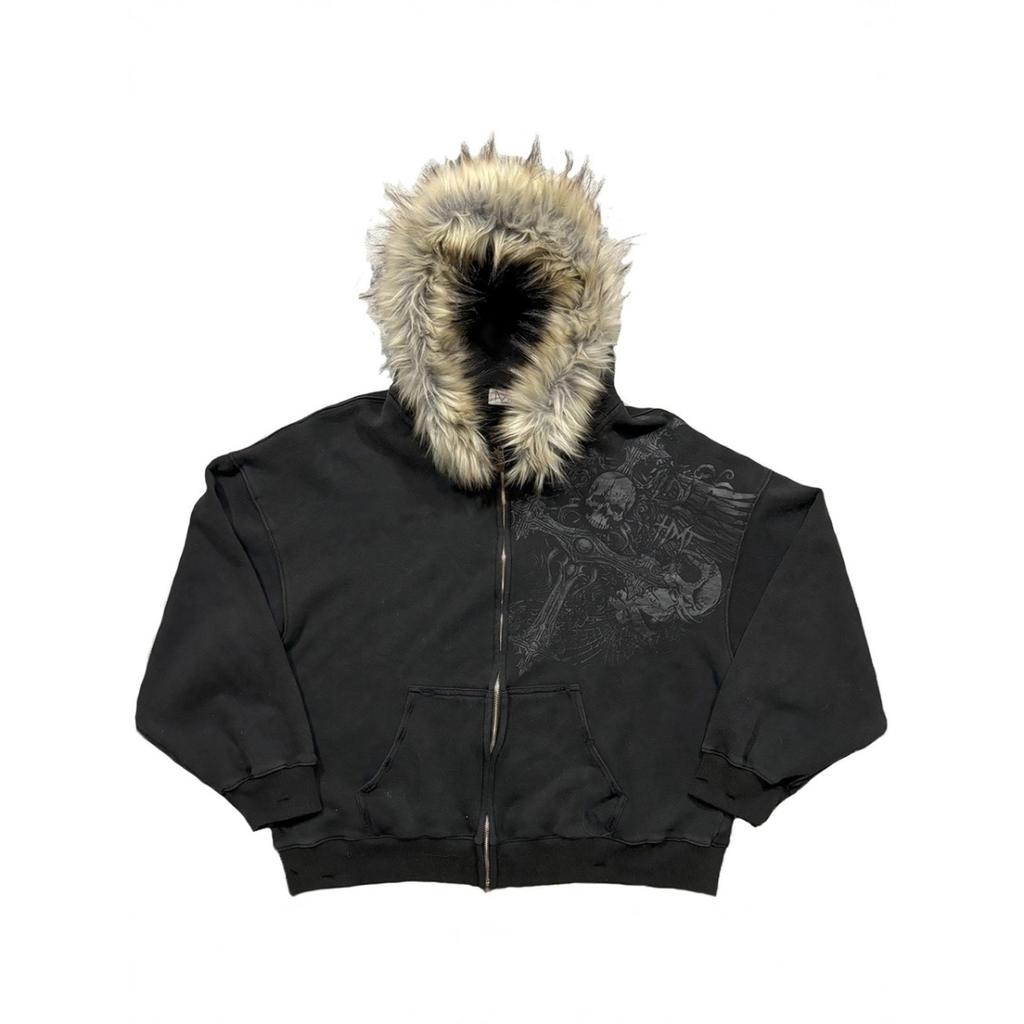 BeatStreet Autumn/Winter Y2k Women Aesthetic Harajuku Faux Fur Collar Hoodies Clothes Graphic Hip Hop Punk Gothic Zip Up Hoodies