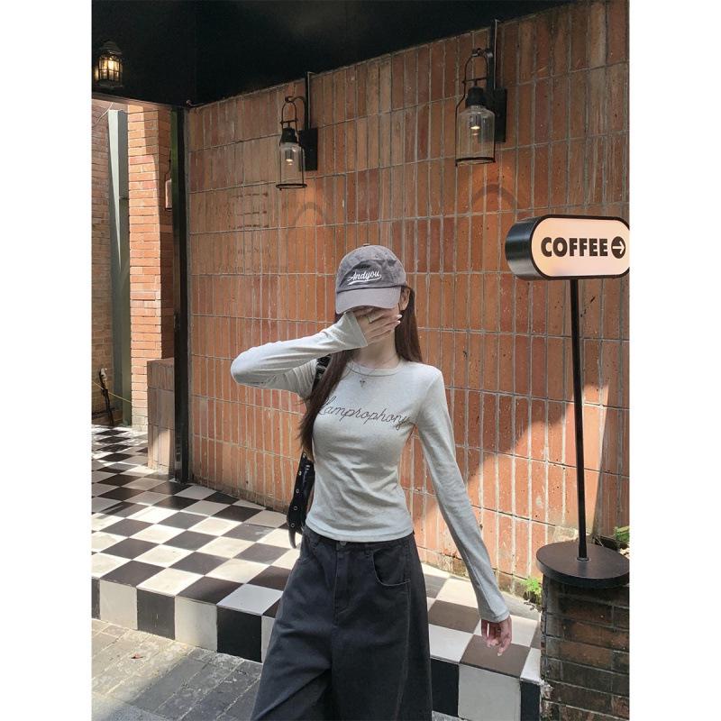 Autumn Korean Style Letter Print Round Neck Long Sleeve Women's T-shirt