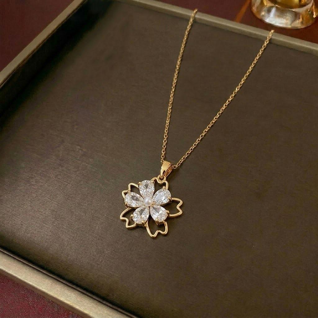 Women's Fashion Necklace & Bracelet Set: Flower Pendant, Diamond Bauhinia Earrings