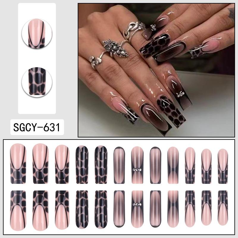Hot-selling cross-border long water pipe press on nails, black smudge gradient with rhinestones. 24pcs fake nails for overseas wholesale.