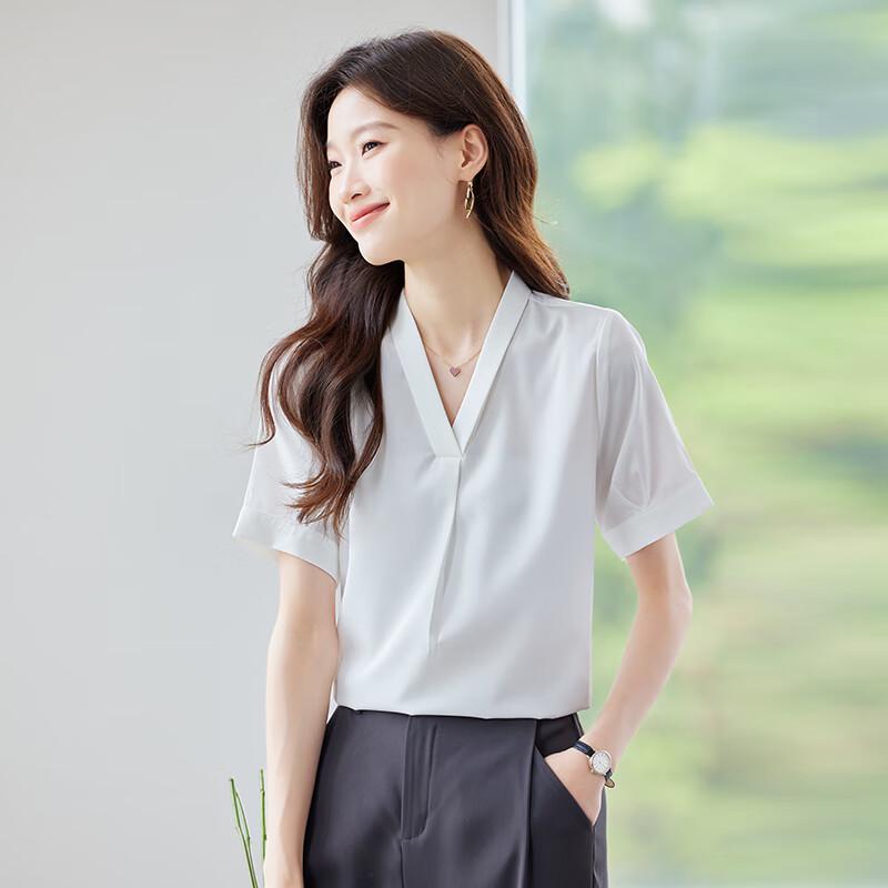 Tluoman Women's V-Neck Short Sleeve Commuter Blouse
