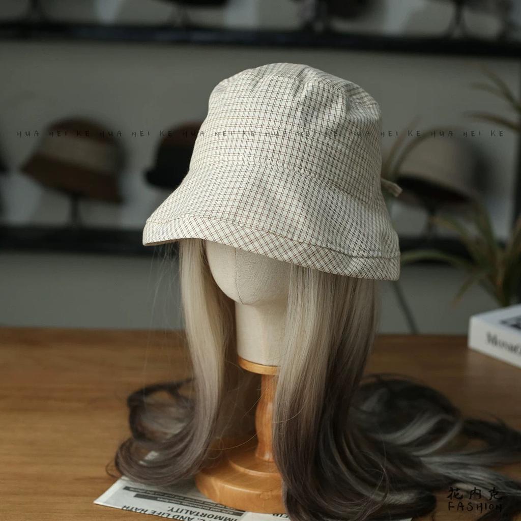 Women's Plaid Bucket Hat Curled Edge Summer New Bow Big Eaves Sunscreen Sun Hat Small Basin Hat