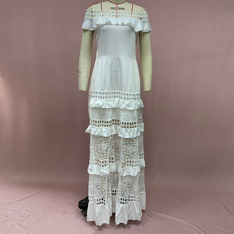 Cross-border Summer New European and American Foreign Trade Women's Dress Flounce Hollowed-out Lace Dress