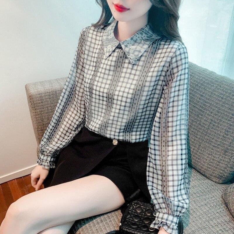 

Осенняя кружевная рубашка с отложным воротником, женские клетчатые топы, блузка с длинным рукавом, модная офисная женская свободная элегантная блузка, женская одежда 28951 XXL орион
