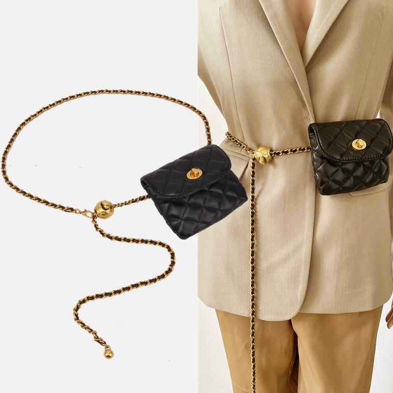 Gold Quilted Waist Belt Bag - Women's French Chic Mini Chain Crossbody