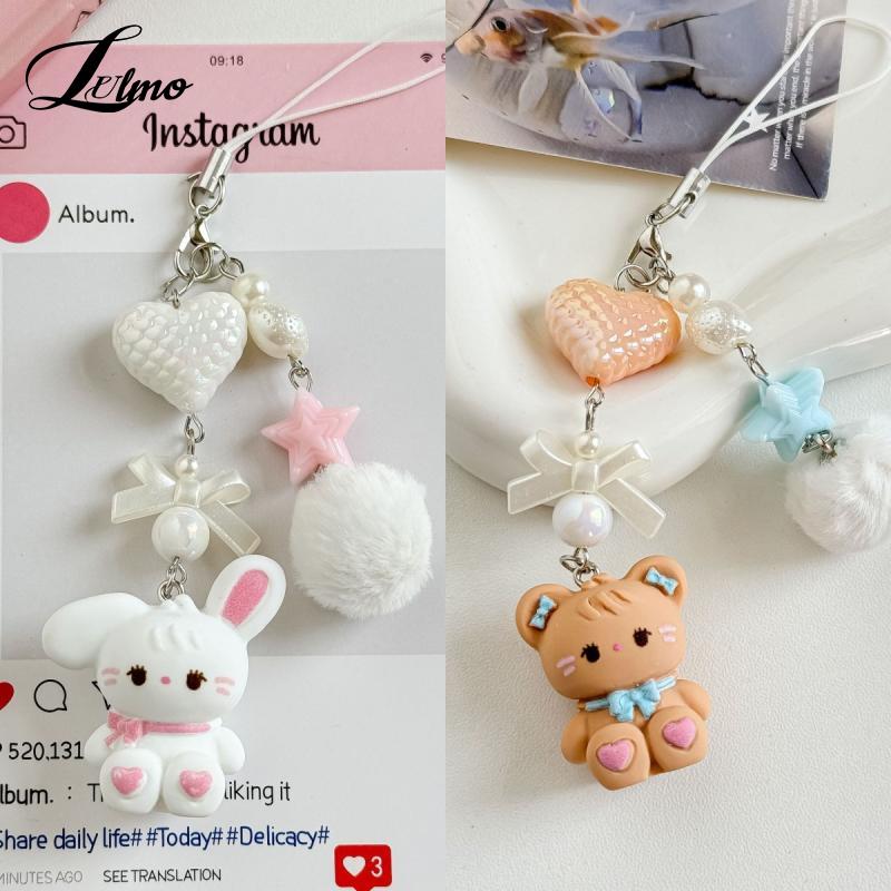 1Pc Cute Rabbit Kitten Bear Pendant Key Chain Fluffy Ball DYM Bead Mobile Phone Chain Anti-Lost Lanyard Kawaii Bag Charm Gift