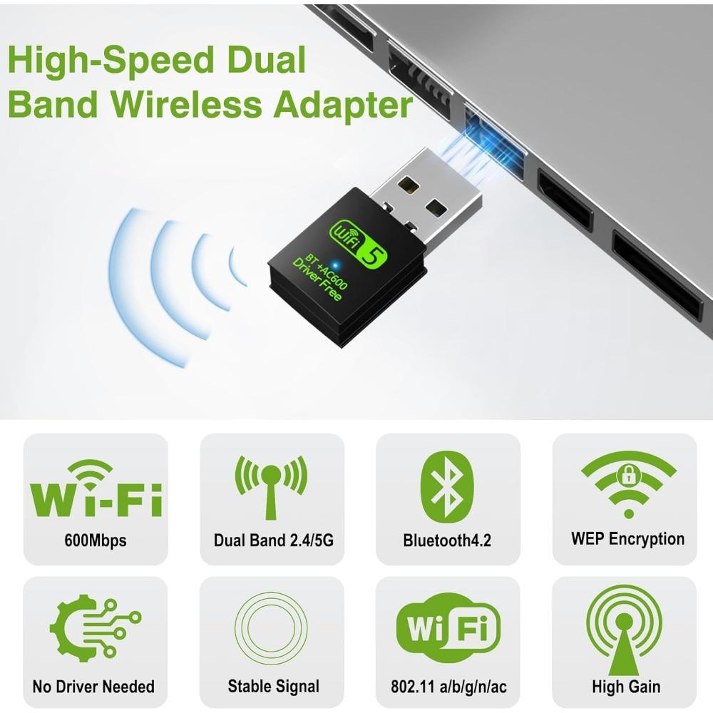 USB WiFi Bluetooth Adapter 600Mbps Dual Band 2.4/5Ghz Wireless Network External Receiver Mini WiFi Dongle for PC/Laptop/Desktop