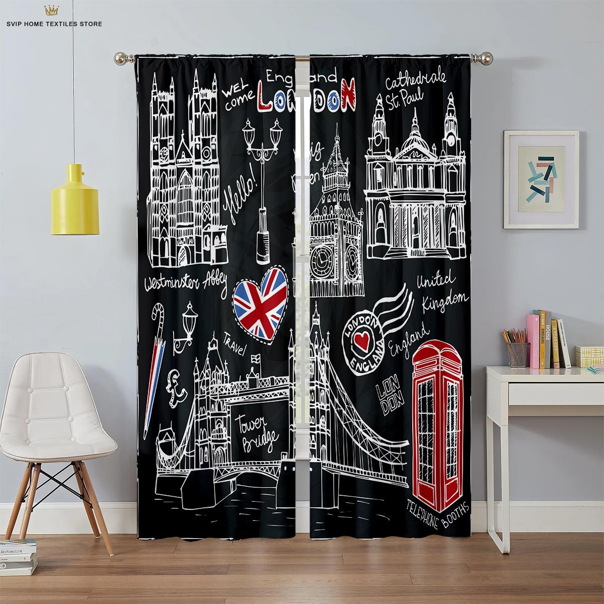 

Американские ретро черно-белые городские здания автобус 3D-печатные шторы, подходят для спальни, гостиной, кабинета, декоративные W50X130H(CM)X2PCS&Rod pocket