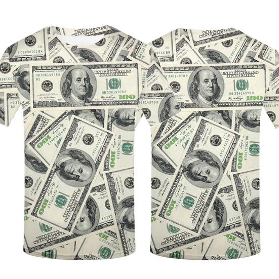 Money Dollar Bill Graphic 3D Printed T-Shirt Men Short Sleeve Crew Neck Tee Top